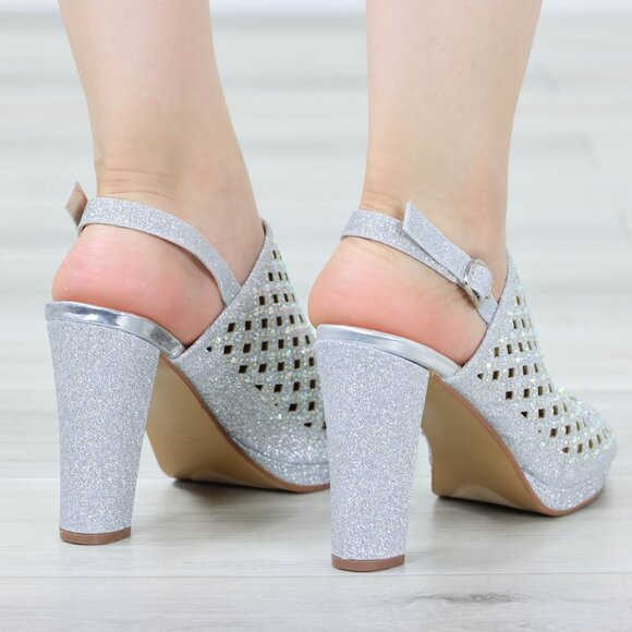 Sparkly Rhinestone Glitter Silver Platform High Heels Open Toe Party Shoes - Picture 11 of 14